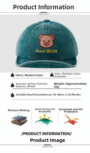 Detail of baby bear baseball cap showing washed cotton texture and product specifications