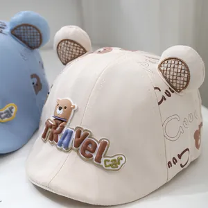 Baby bear ears sun hat with Travel Car silicone patch in beige and light blue cotton