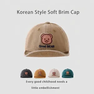 Korean style soft brim cotton baby baseball hat with embroidered bear for 0-3 years
