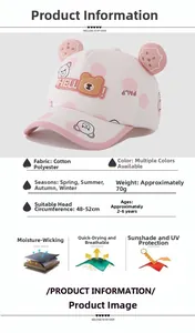 Detail of pink polka dot kids baseball cap with bear ears and breathable cotton fabric