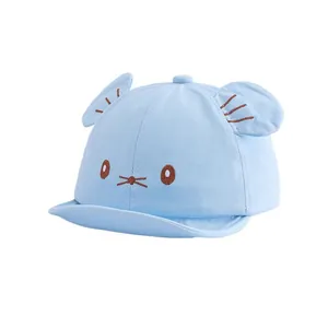 Light blue baby cotton baseball cap with cute cat ears and soft brim for sun protection