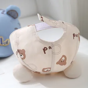 Detail of adjustable Velcro strap on baby cotton beret with cute bear print