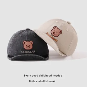 Toddler cotton baseball cap featuring bear embroidery and rolled brim in gray and beige