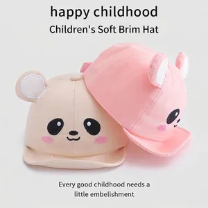 Children's soft brim baseball hats with cute cartoon panda ears in beige and pink cotton
