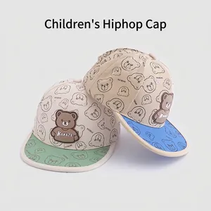 Cartoon bear printed kids hip-hop baseball cap with 3D rubber patch and flat brim