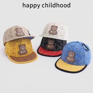 Kids bear print flat brim hip hop caps in various colors for outdoor activities