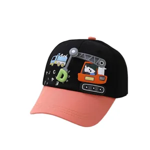 Kids baseball cap featuring a cartoon excavator and pink contrast brim for sun protection