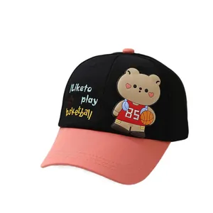 Kids baseball cap featuring a cartoon bear playing basketball and stylish contrast brim