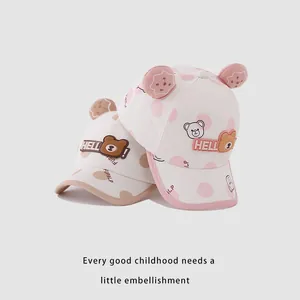 Kids hello bear baseball caps with polka dots and 3D ears in pink and beige colors