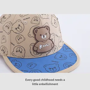 Detailed macro view of the cartoon bear rubber patch and printed pattern on child cap
