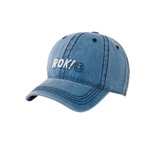 Light blue denim baseball cap for kids with white ROK letter and smiley face embroidery