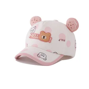 Kids baseball cap with pink polka dots, 3D bear ears, and Hello bear cartoon patch