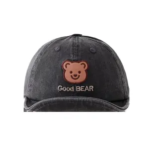 Toddler cartoon bear baseball cap in dark grey washed cotton denim with sun protection
