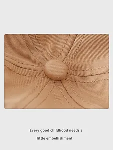Close-up of khaki cotton twill fabric and reinforced stitching on a child baseball cap