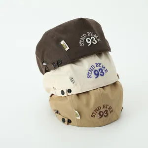 Kids Chinese style beret caps with STND BY ME 93 embroidery in brown, cream and khaki