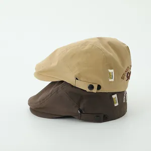 Khaki and brown cotton canvas beret hats with 92 embroidery and side adjustment buckles