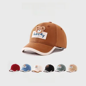 Brown toddler baseball cap with Lucky bear patch showing seven available color options