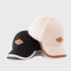 Casquette de Baseball pour Enfants Style Coréen Mélange de Coton Visière Contrastée Chapeau de Soleil avec Patch en Cuir Montagne