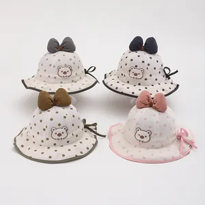 Cute Toddler Kids Polka Dot Fisherman Hat Cotton Blend Sun Shade Bucket Hat With Large Bow And Bear Embroidery For Girls