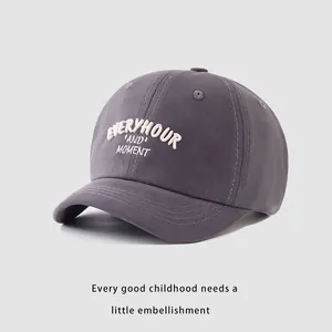 Detailed view of dark grey cotton baseball cap with white 3D letter embroidery