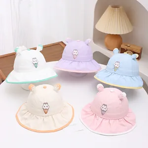 Cute kids bucket hat with cartoon ice cream embroidery in five pastel colors for summer