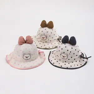 Cute polka dot baby sun hats with bows and cartoon bear patches in three colors