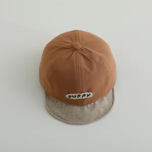 Brown infant baseball cap with PUPPY embroidery and gray plaid soft brim for babies