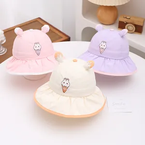 Kids cute ice cream sun hats in pink, purple and beige with 3D ears and wavy brims