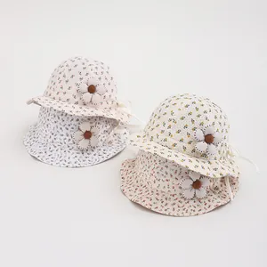 Toddler Baby Girl Floral Bucket Hat Cotton Polyester Sun Protection Hat With 3D Flower Bowknot Adjustable Chin Strap Kids Summer Hat