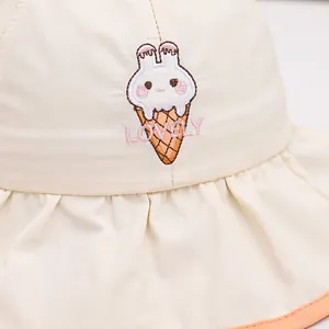 Child sun hat with cute bunny ice cream embroidery and lovely text on cream fabric