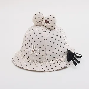 Cute Baby Girl Polka Dot Bucket Hat With Large Bow Rabbit Patch Lace Trim Cotton Summer Sun Protection Fisherman Hat
