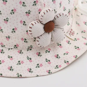 Floral print baby sun hat with 3D fabric flower decoration and soft wide brim