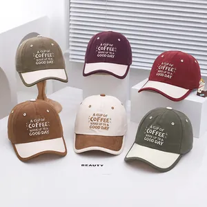 Detailed collection of kids' two-tone baseball caps in various colors with coffee embroidery
