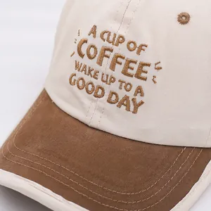 Kids baseball cap in beige and brown with coffee embroidery and curved brim
