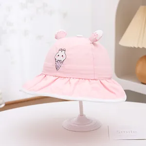 Detail of pink toddler sun hat with ice cream embroidery and cute 3D topping