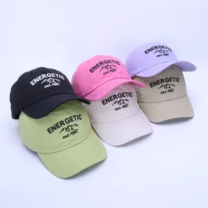 Detail view of quick-dry baseball caps in six colors with Energetic mountain print