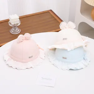 Pink and blue baby sun hats with lace trim and bow for 1-3 years old infants
