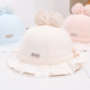 Detailed view of baby lace princess hat featuring breathable cotton and bowknot