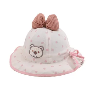 Cute beige baby sun hat with pink dots, brown bow and plush bear for 1-3 years old
