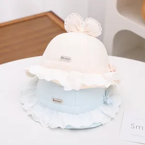 Lace baby sun hats with large bows in beige and blue colors for girls 1-3 years old