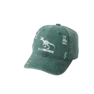 Distressed dark green dinosaur skeleton baseball cap with vintage worn-out details