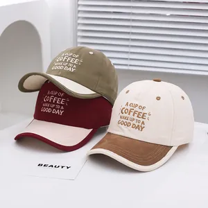 Detail of color-block kids baseball caps with Coffee embroidery and cotton twill fabric