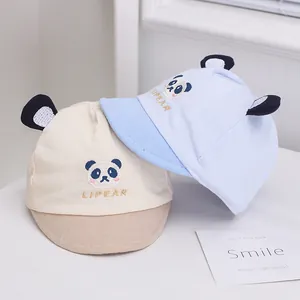 Cute panda baby baseball cap with soft brim and 3D ears in blue and beige cotton