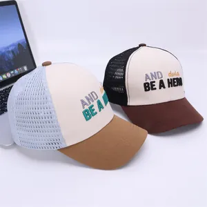 Kids breathable mesh trucker hat with BE A HERO embroidery and curved brim in two colors