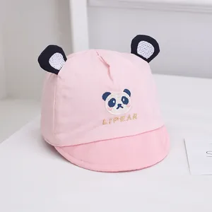 Detail of baby panda baseball cap in soft pink cotton with cute 3D ears and embroidery