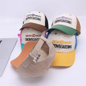 Collection of color-block kids baseball caps featuring detailed letter embroidery and textures