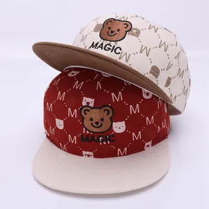 Kids Cartoon Bear Baseball Cap Flat Brim Snapback Embroidery MAGIC Letter Print Hip Hop Hat For Boys Girls Sun Protection