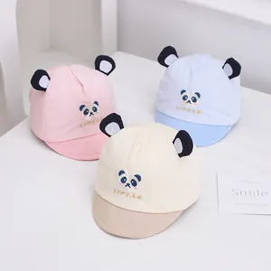 Baby cotton baseball caps with panda embroidery and cute soft ears in pink, blue and beige