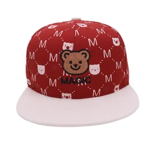 Kids flat-brim snapback hat with cartoon teddy bear embroidery and MAGIC text detail