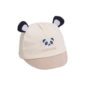 Infant soft brim panda baseball cap in beige cotton with cute 3D ears and embroidery
